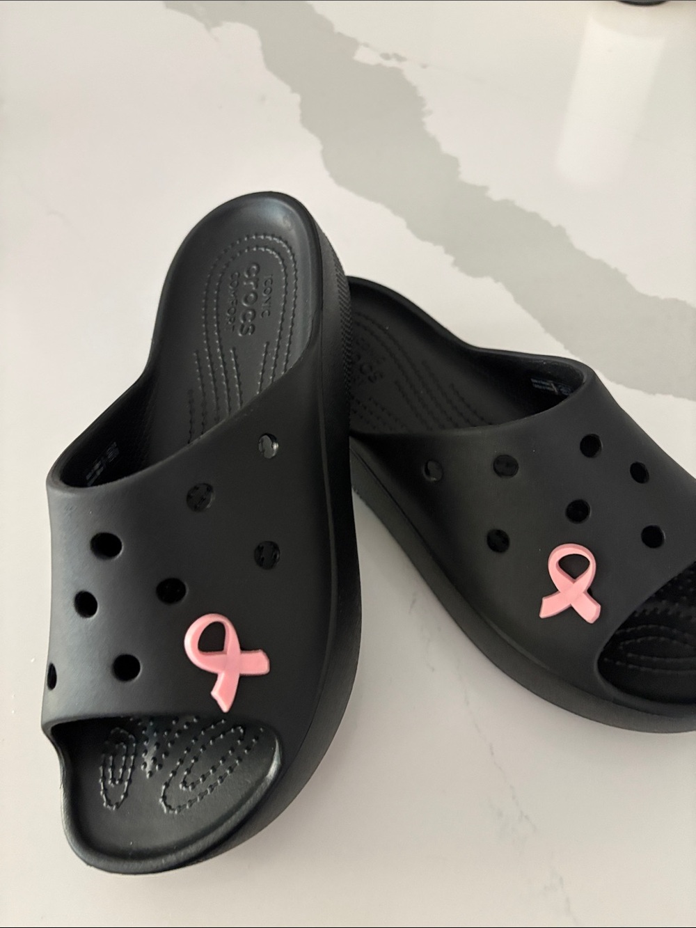 CROCS Black Slide Mules with Pink Ribbon Charm